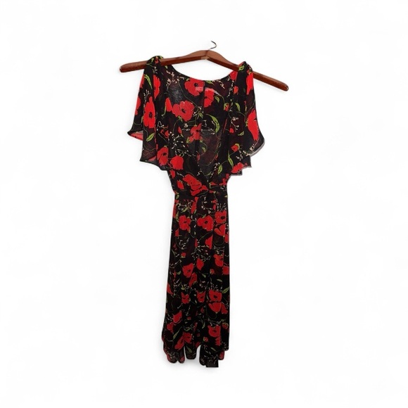 Kimchi Women’s Size Small Floral Black and Red Sheer Wrap Flutter Sleeve Dress - Picture 3 of 4